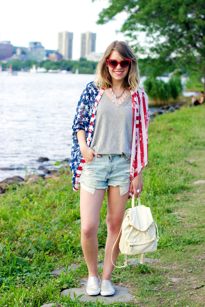 casual 4th of july outfit, american flag kimono