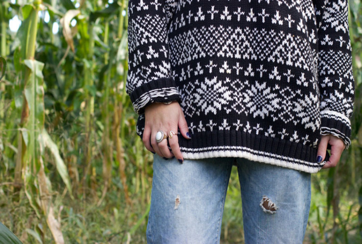 statement rings with chunky sweater