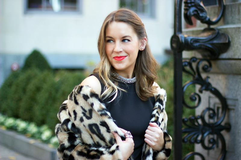 Holiday glam: Animal print coat and little black dress