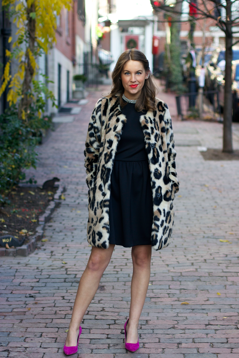 Holiday outfit: Animal print coat and little black dress