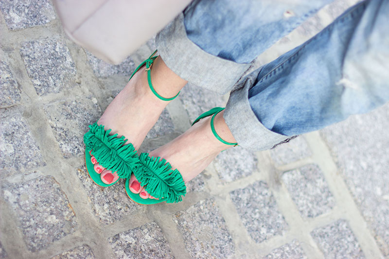 Green fringe heels