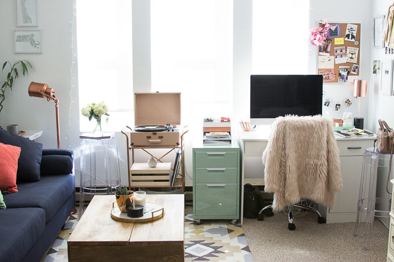 How to decorate a small living room - mint filing cabinet